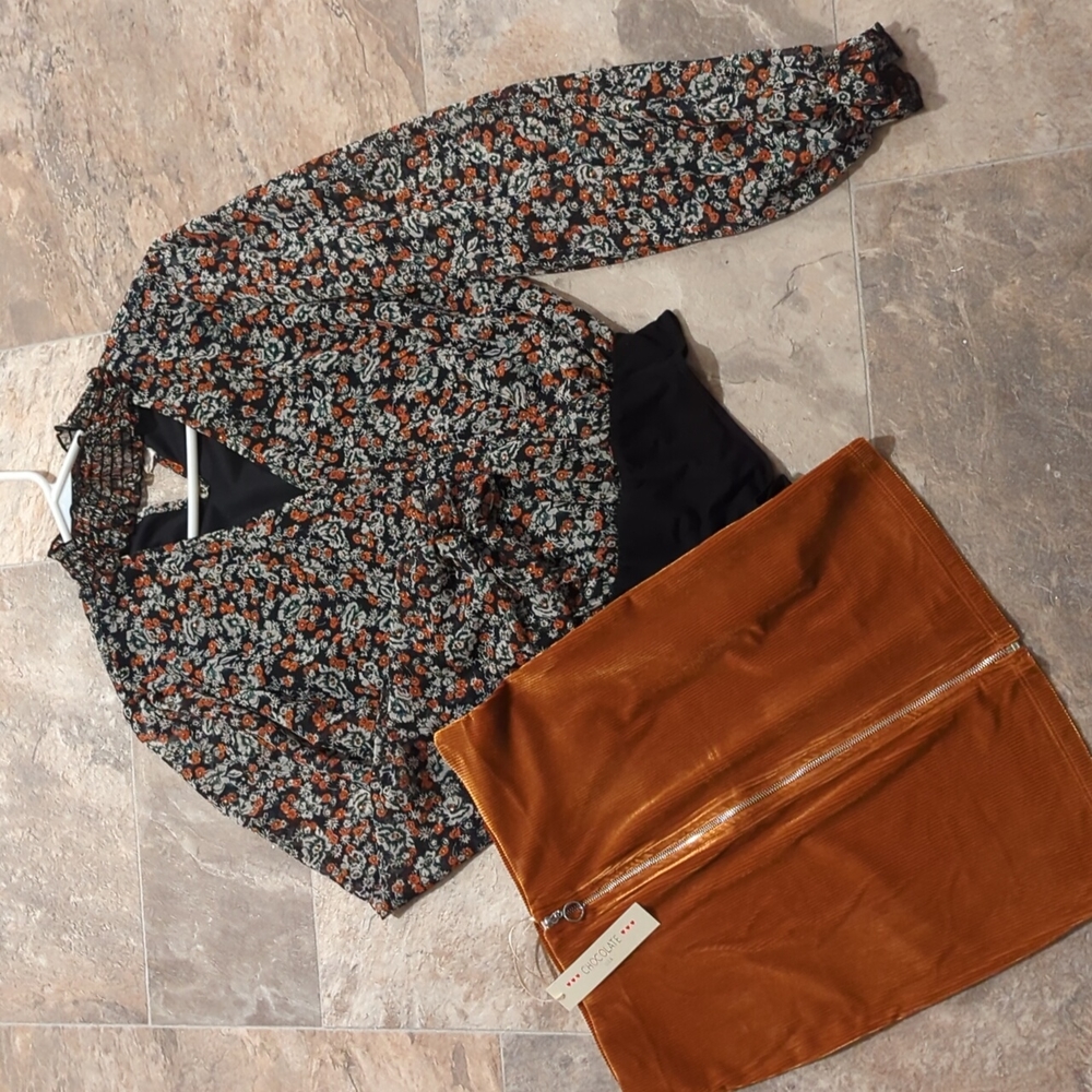 Gorgeous fall colors bodysuit with corduroy skirt, both size small